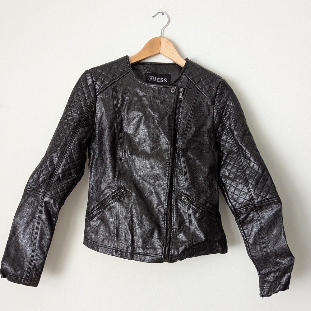 GUESS Black Geonna Faux Suede Vegan Leather Quilted Moto Jacket SIZE Small